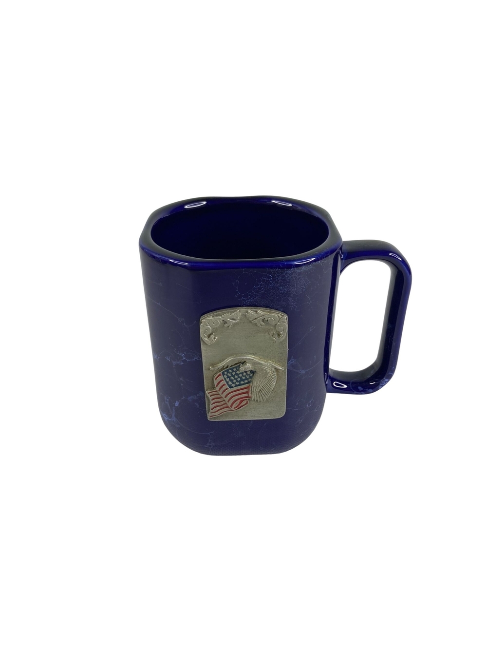 Cobalt Blue Coffee Cup Mug Metal US Flag Flying Eagle Emblem Marbled Square